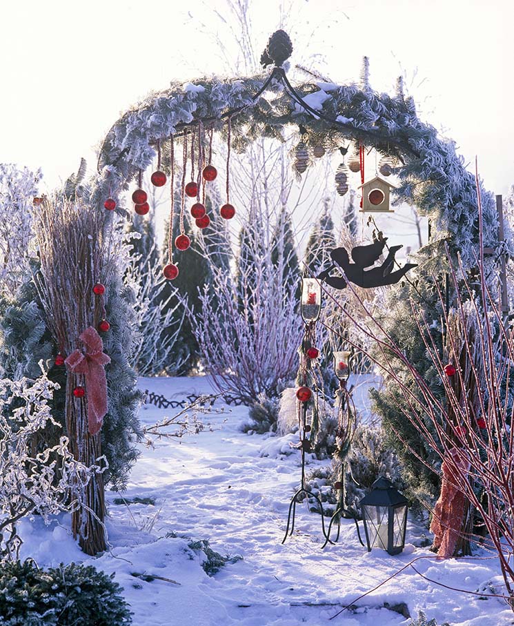 Rosenbogen im Winter mit roten Kugeln, Meisenknödeln, Blechkugel und Windlichter