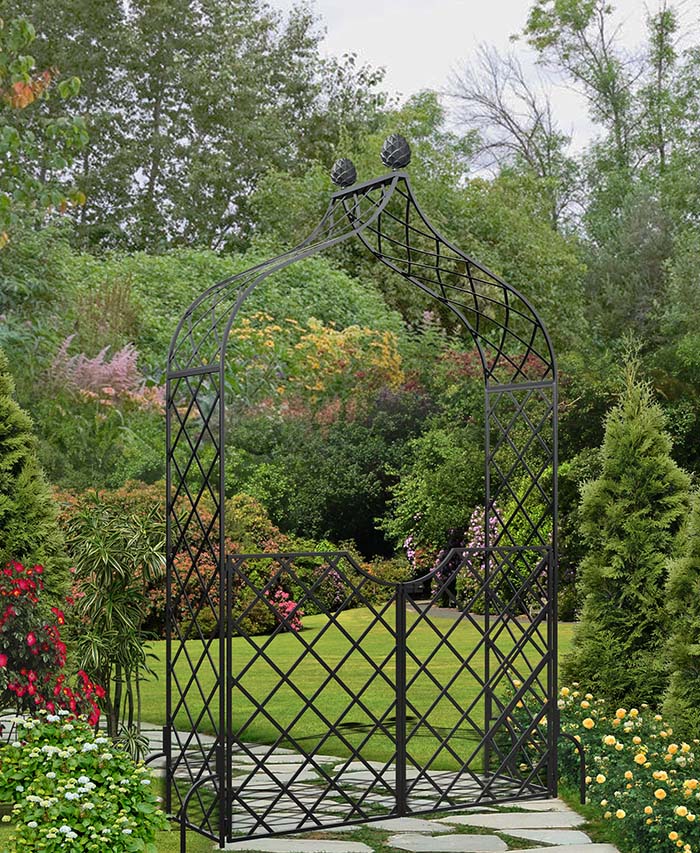 Metall Rosenbogen Kiftsgate mit Gartentüre