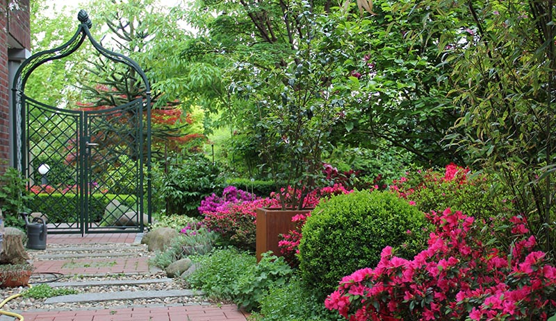 Metall Rosenbogen mit zweiflügeligem Tor im Frühlingsgarten