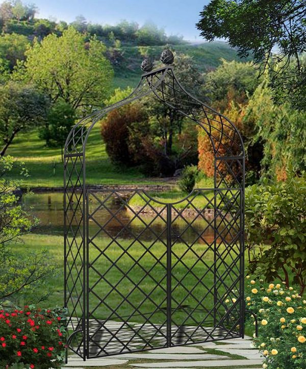 Metall Rosenbogen Kiftsgate mit hoher, zweiflügeliger Gartentüre