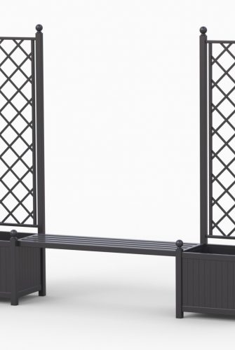 Zwei Versailler Pflanzkübel mit integrierten Rankgittern Phanas verbunden mit einer Bank