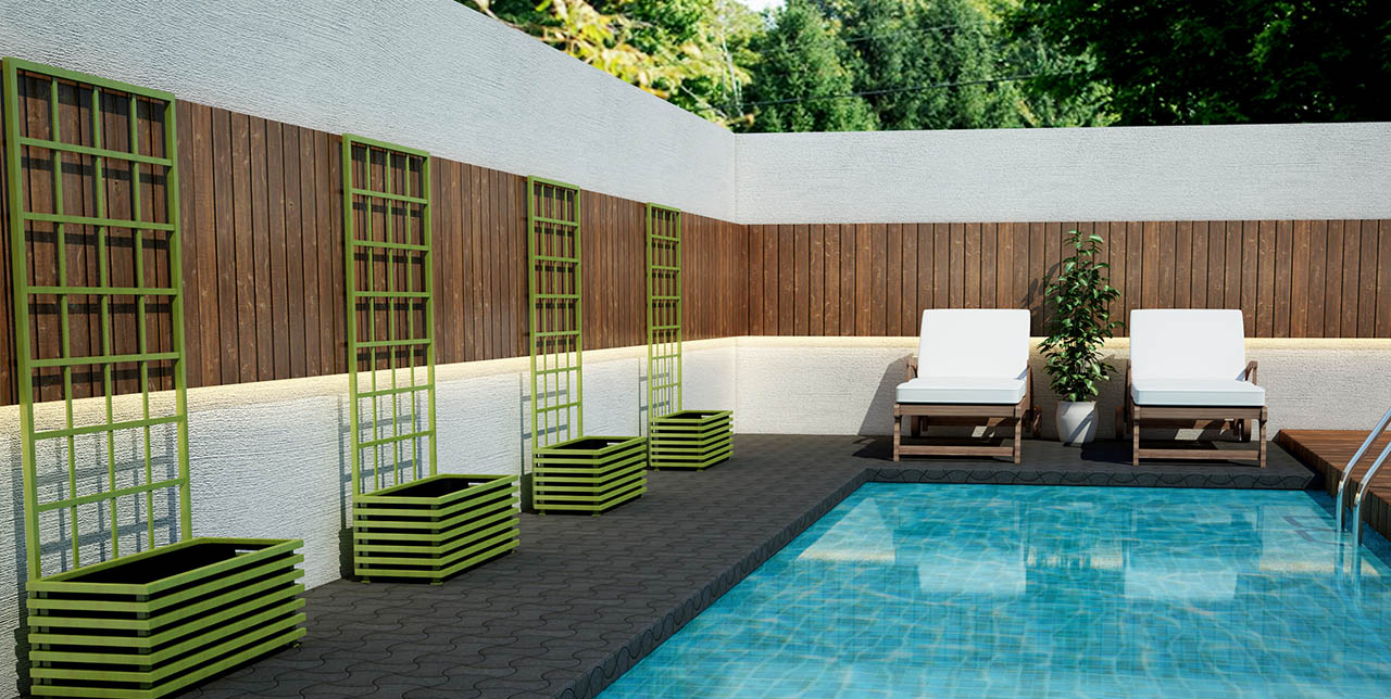 Vier limonengrüne IBIZA Modern Pflanzkübel aus Metall an einem Swimming Pool. Von Classic Garden Elements.