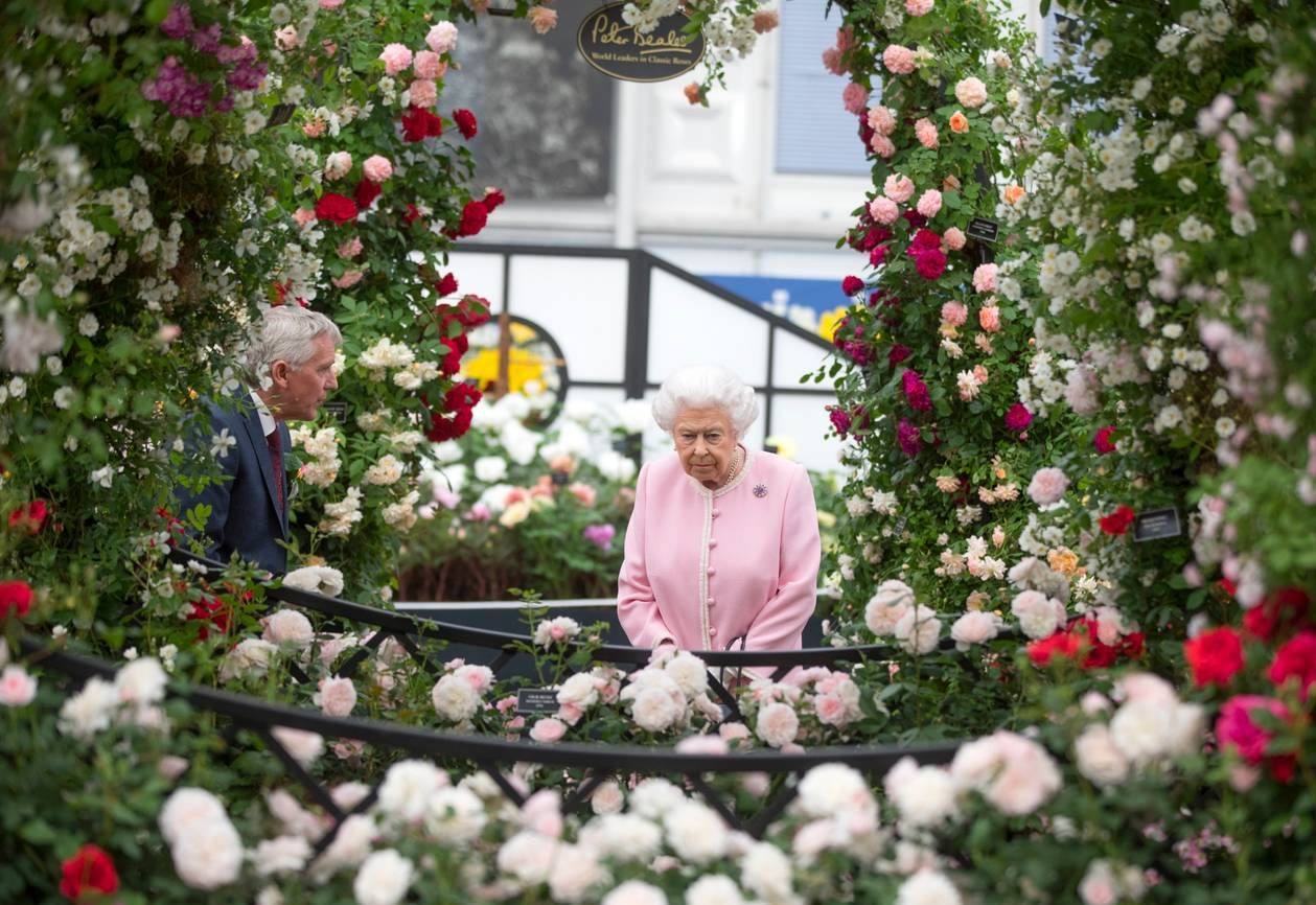 Queen Elizabeth II. mit Ian Limmer von Peter Beales Roses betrachten Rosen am Hochzeitspavillon Buscot Park von Classic Garden Elements auf der Chelsea Flower Show 2018