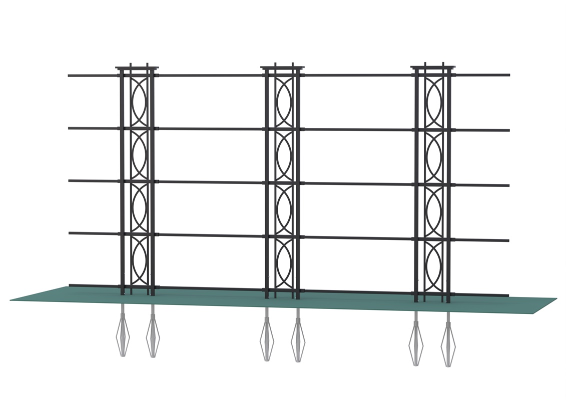 Eritellimusel valmistatud kolmest Bostoni trellisest, mis on ühendatud risttaladega ronimistaimede jaoks Eritellimusel valmistatud kolmest Bostoni trellisest, mis on ühendatud risttaladega ronimistaimede jaoks