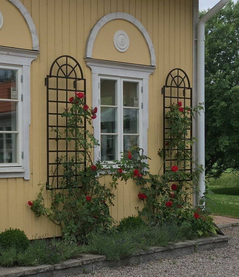 Zwei Orangerie-Wandgitter mit roten Rosen an gelber Fassade