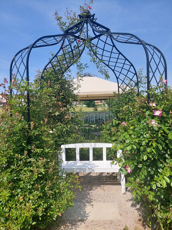 Rosenpavillon Kiftsgate von Classic Garden Elements mit Ramblerrosen und weißer Gartenbank aus Holz