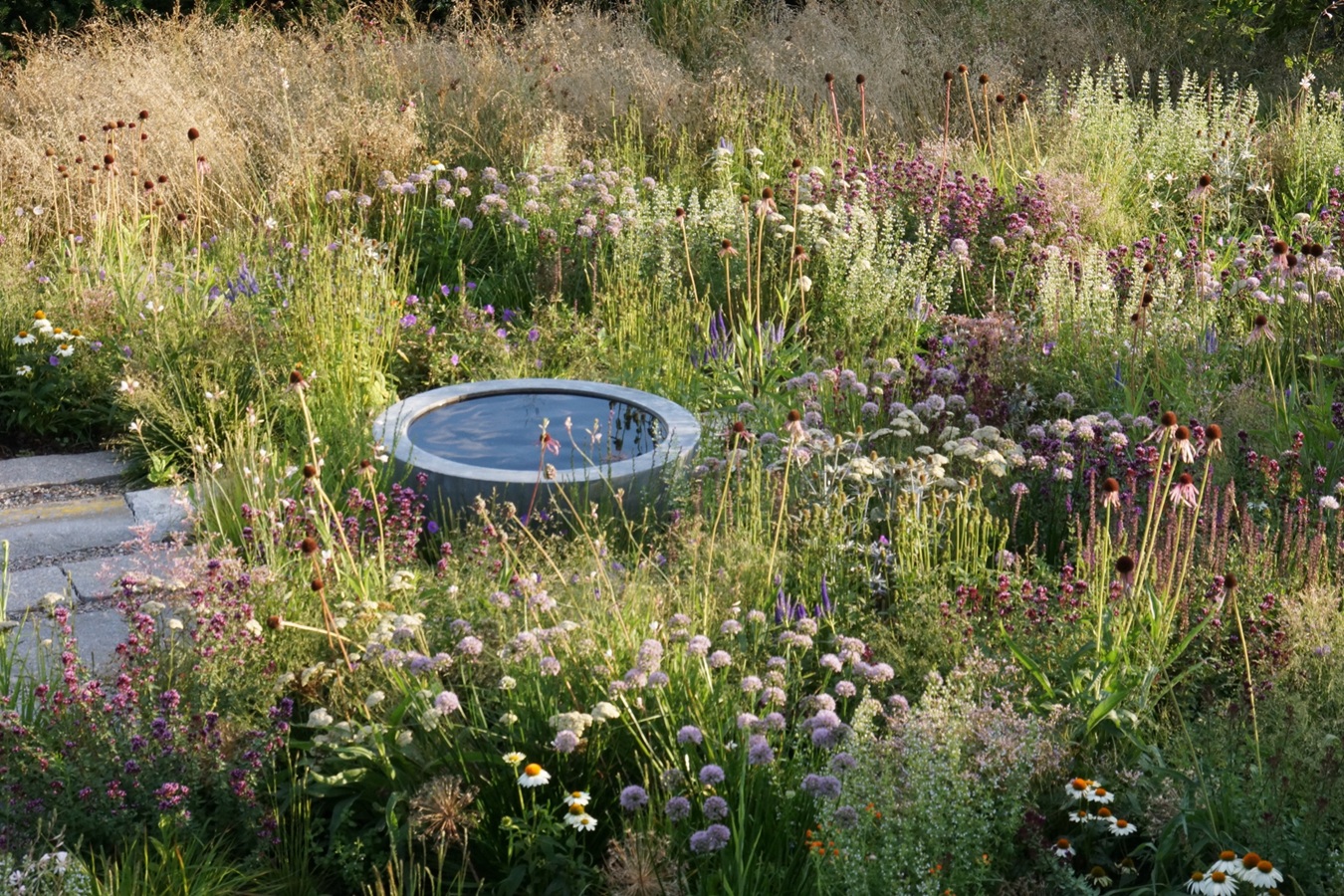 Luna Pflanzschale mit Wasser in der Wiesenlandschaft – Sinnbild für naturnahe Gartengestaltung Luna Pflanzschale mit Wasser in der Wiesenlandschaft - Sinnbild für naturnahe Gartengestaltung