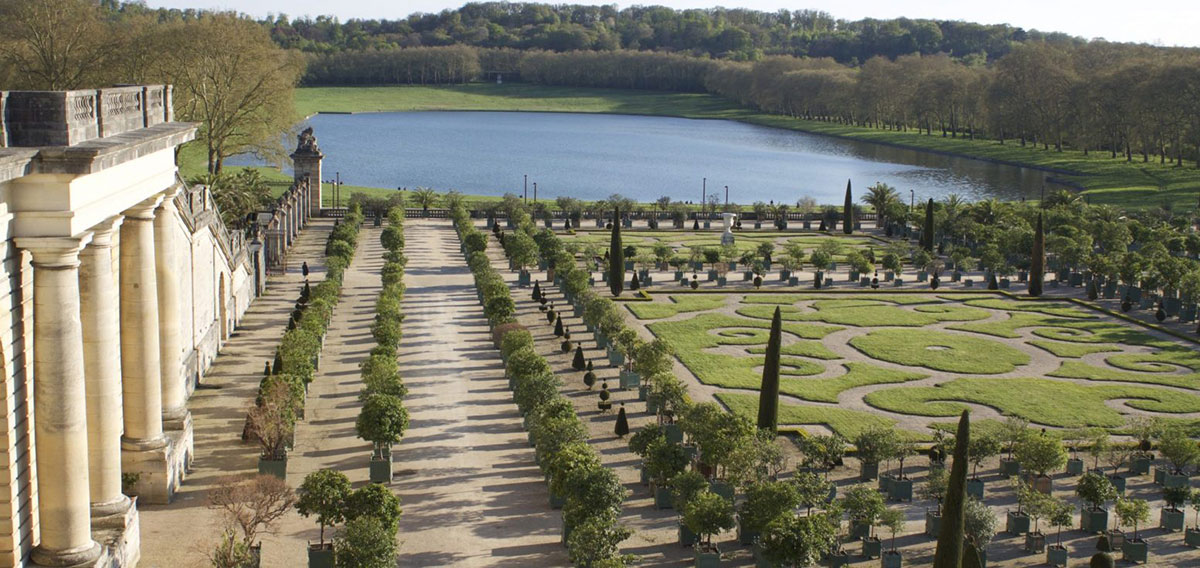 Parterre mit Versailler Pflanzkübeln vor der Orangerie von Schloss Versailles