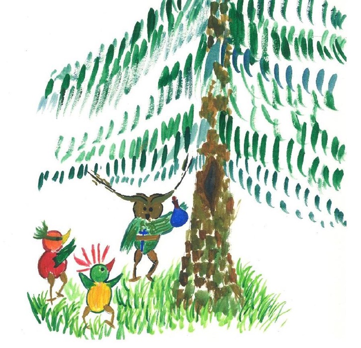 Drei kleine Waldbewohner stehen unter einem Baum und blicken nach oben, als ob sie eine Reise vorbereiten Drei kleine Waldbewohner stehen unter einem Baum und blicken nach oben, als ob sie eine Reise vorbereiten