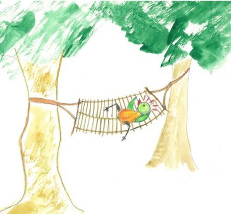 Ein Waldbewohner entspannt sich in einer Hängematte, die zwischen zwei Bäumen aufgehängt ist Ein Waldbewohner entspannt sich in einer Hängematte, die zwischen zwei Bäumen aufgehängt ist