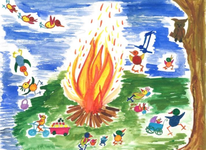 Ein großes Lagerfeuer ist von fröhlichen Waldbewohnern umgeben, die spielen, tanzen und die Gemeinschaft genießen Ein großes Lagerfeuer ist von fröhlichen Waldbewohnern umgeben, die spielen, tanzen und die Gemeinschaft genießen