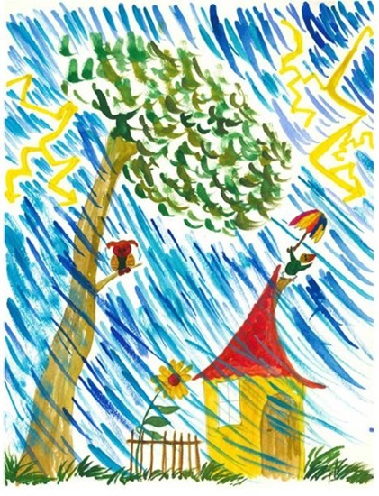 Ein heftiger Sturm tobt um einen Baum und ein kleines Häuschen, Blitze erhellen den Himmel Ein heftiger Sturm tobt um einen Baum und ein kleines Häuschen, Blitze erhellen den Himmel