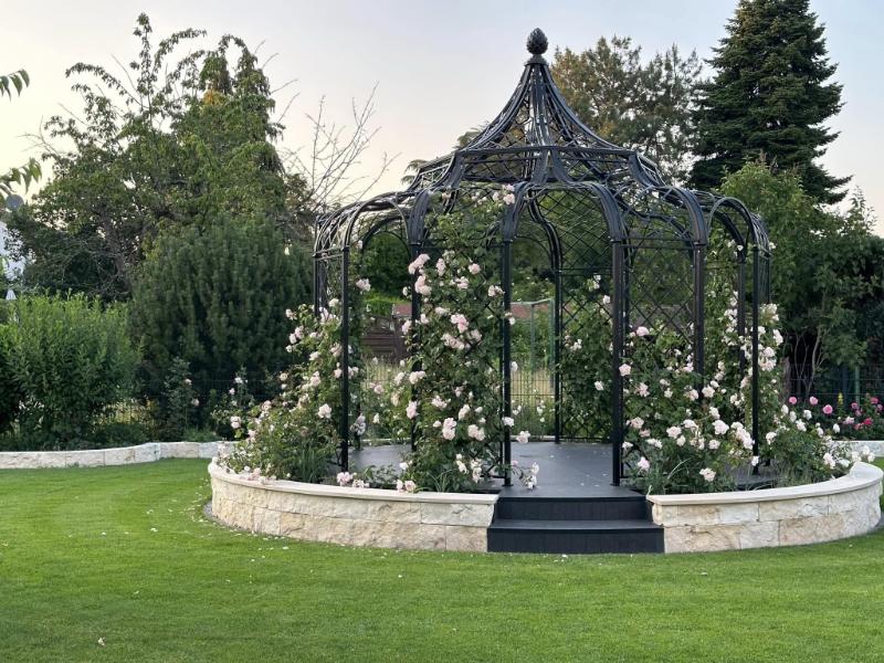 Der luxuriöse Metall Pavillon Schönbrunn von Classic Garden Elements mit Kletterrosen auf erhöhtem Plateu im Garten Der luxuriöse Metall Pavillon Schönbrunn von Classic Garden Elements mit Kletterrosen auf erhöhtem Plateu im Garten