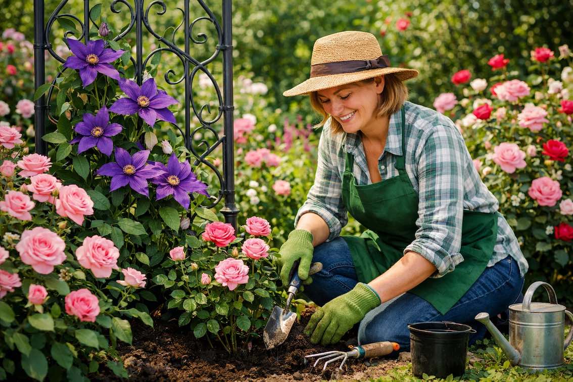 Clematis neben Rosen Pflanzen