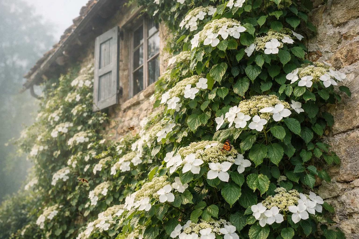 Kletterhortensie an Wand