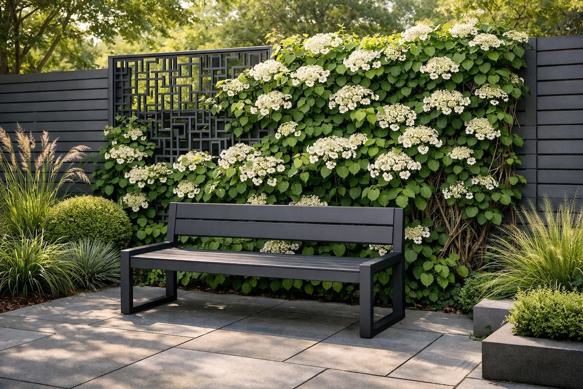 Kletterhortensie mit Gartenbank